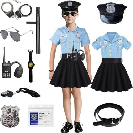 Police Costume Children Girls Fancy Dress Costumes Children Girls Carnival Fbi Costume with Handcuffs Police Hat Badge Watch Police