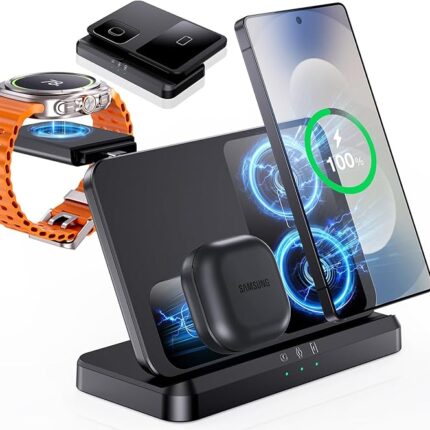 Induktive Ladestation für Samsung – 3-in-1 Wireless Charger kompatibel mit Galaxy S25 Ultra/S24/S23, Z Fold/Flip 7/6, Buds, Abnehmbares Ladegerät für Galaxy Watch Ultra/8/7, Kein Adapter
