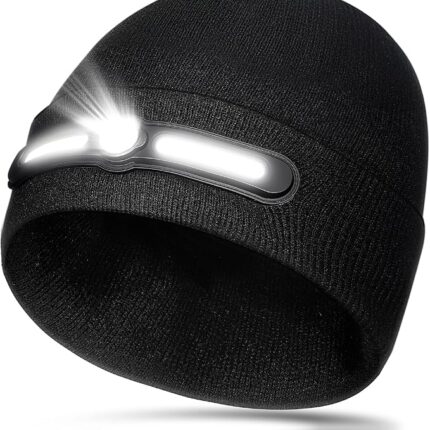 LED Beanie Hat with Light,Unisex 230° Wide Beam Headlamp Rechargeable with Warning