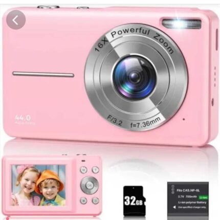Digitalkamera 1080P 44MP Fotokamera 16X Digitalzoom Kamera, Vlogging Fotoapparat Kompaktkamera mit 2,4" LCD Bildschirm, 32G Micro Speicherkarte, 1 Akku für Kinder Teenager Studenten Anfänger-Rosa