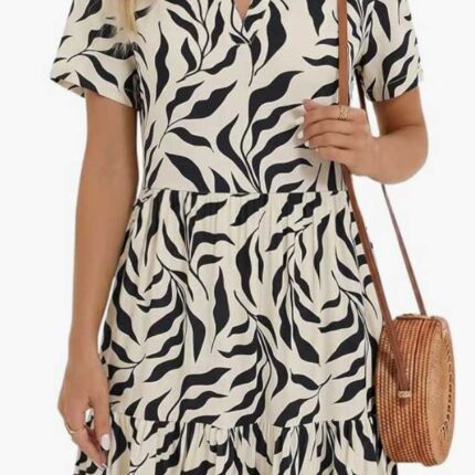 Sommerkleid Damen Baumwolle Leinen V-Ausschnitt Kurzarm