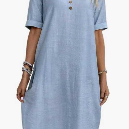 Sommerkleid Damen Baumwolle Leinen V-Ausschnitt Kurzarm