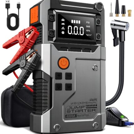 6 in 1 Booster Car Jump Starter - 6000A Portable Jump Starter LED/LCD Light 600 Lumens Jump Starter